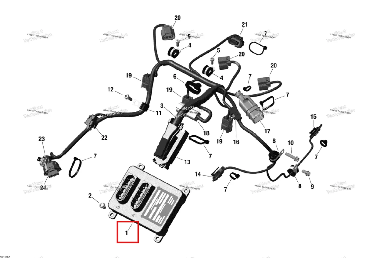 Деталь 420666128 (Деталь Engine Control Module) на схеме узла 2015 Ski-Doo EXPEDITION LE 1200 4-TEC Engine Harness And Electric Module