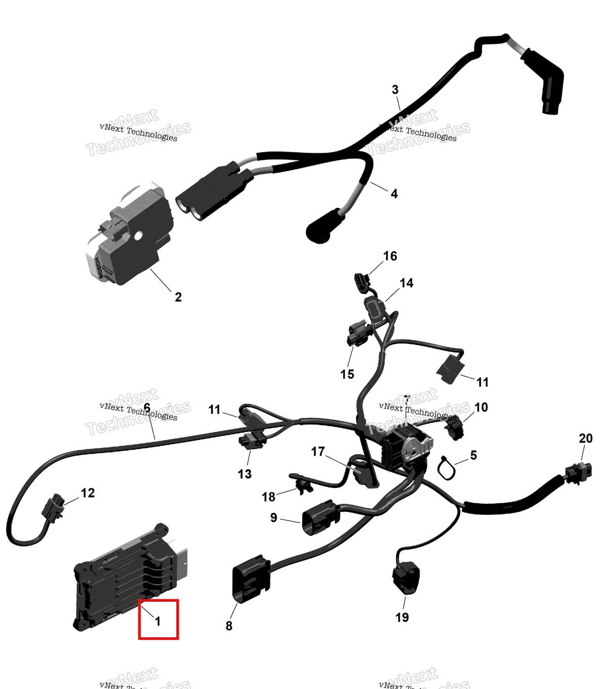 Деталь 420666283 на схеме узла 2025 Can-Am OUT-MAX - 6X6 - XT - 1000 EFI - 5ZSA - Boreal Green Rotax - Engine Harness And Electronic Module