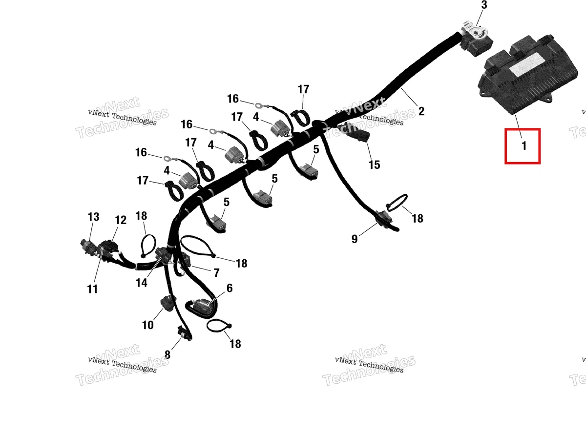 Деталь 420666416 на схеме узла 2021 Sea-Doo GTR 230 Rotax - Engine Harness And Electronic Module Without Idf