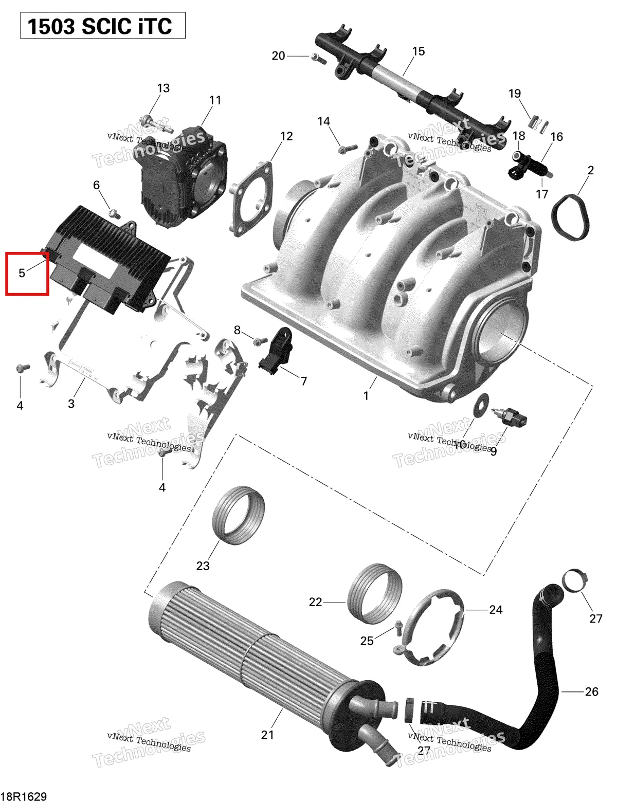 Деталь 420666534 (Electronic коробка модель North America Sea-Doo GTX (2016) (420666534)) на схеме узла 2016 Sea-Doo GTI-GTR-GTS Air Intake Manifold And Throttle Body - 215