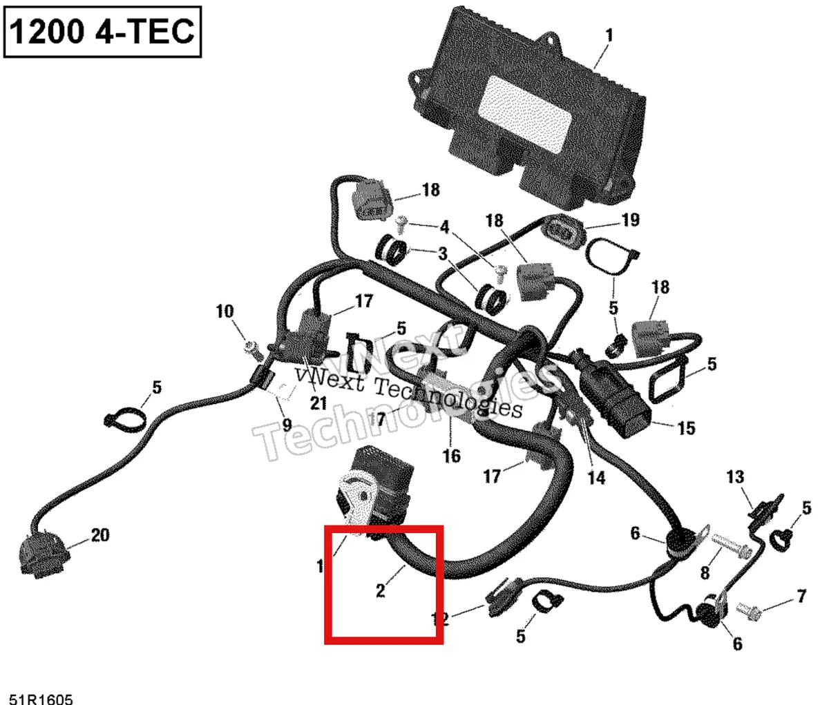 Деталь 420666691 (Жгут проводов в сборе) на схеме узла 2019 Ski-Doo EXPEDITION LE-SE 1200 4-TEC Engine Harness And Electronic Module - 1200Itc 4-Tec