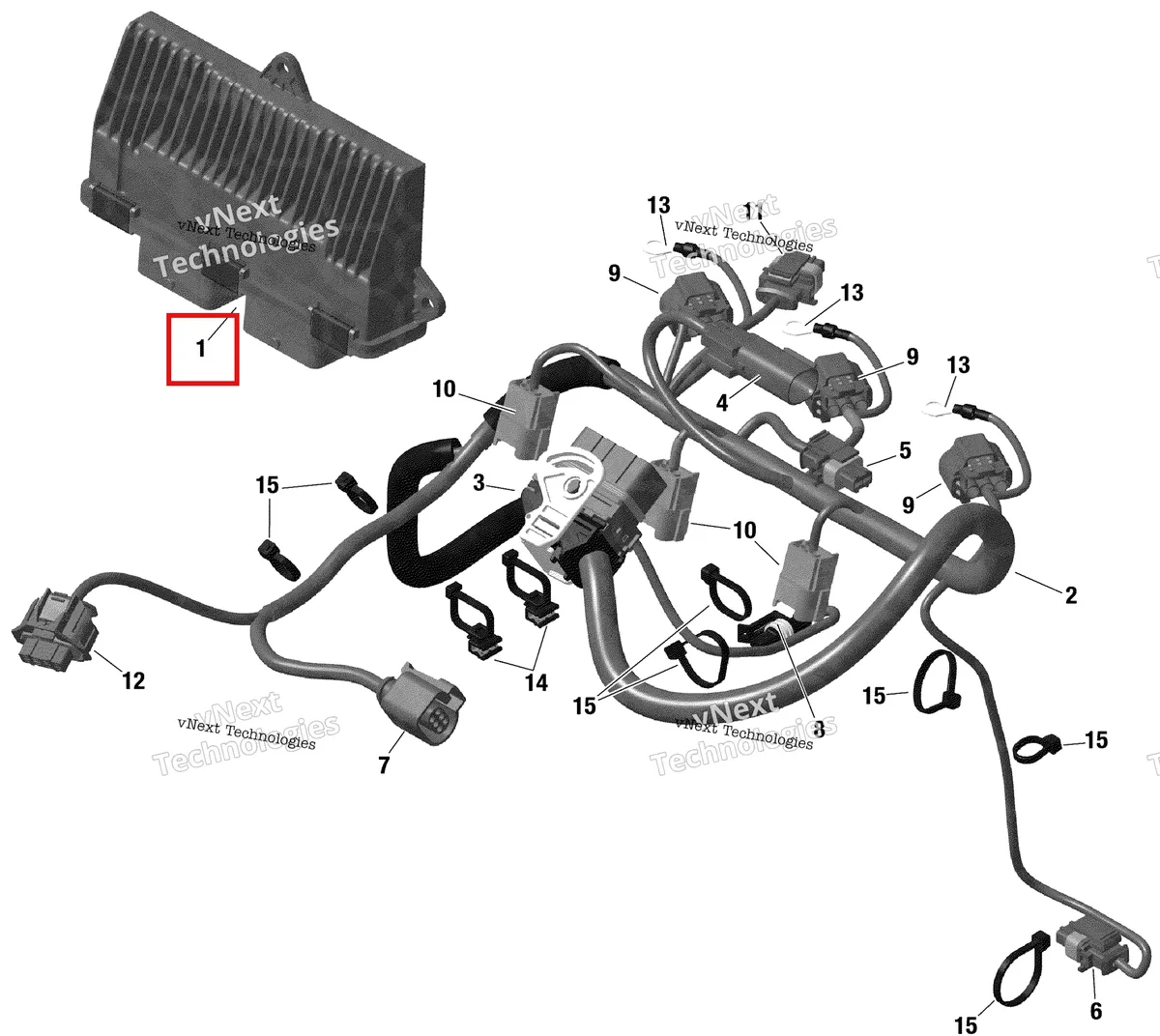Деталь 420666935 на схеме узла 2019 Ski-Doo EXPEDITION LE-SE-SWT 900 ACE Engine Harness And Electronic Module 900 Ace