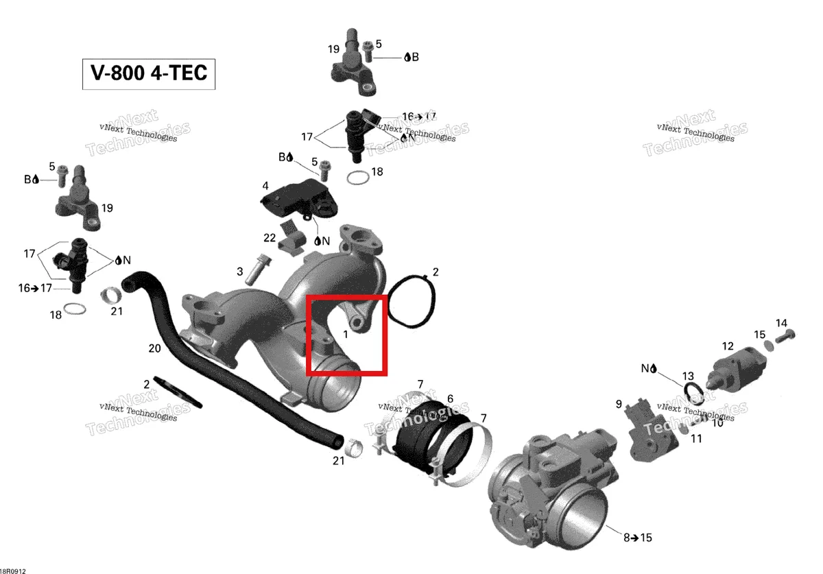 Деталь 420667342 (Деталь Air Intake Manifold) на схеме узла 2012 Ski-Doo Skandic SWT V800 YetiII Air Intake Manifold And Throttle Body