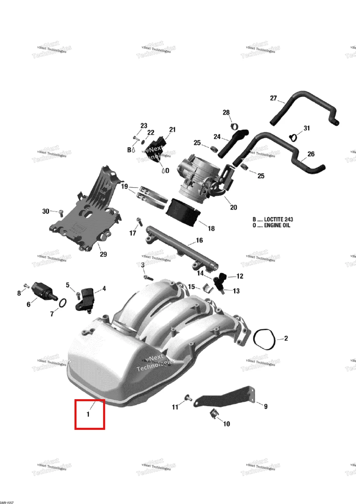Деталь 420667440 (Деталь Air Intake Manifold. Includes 1 To 2) на схеме узла 2015 Ski-Doo EXPEDITION LE 1200 4-TEC Engine Air Intake System