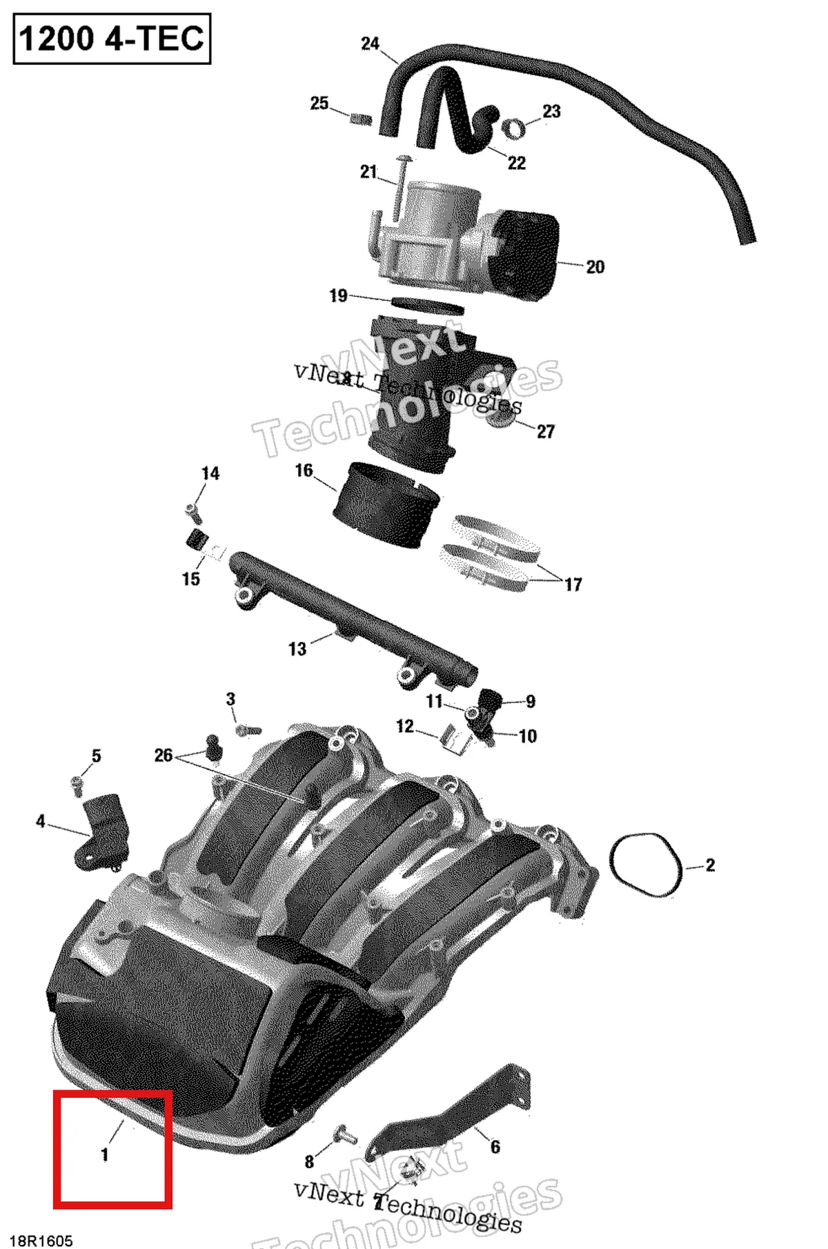 Деталь 420667446 (Деталь Air Intake Manifold. Includes 1 To 2) на схеме узла 2019 Ski-Doo EXPEDITION LE-SE 1200 4-TEC Air Intake Manifold And Throttle Body - 1200Itc 4-Tec