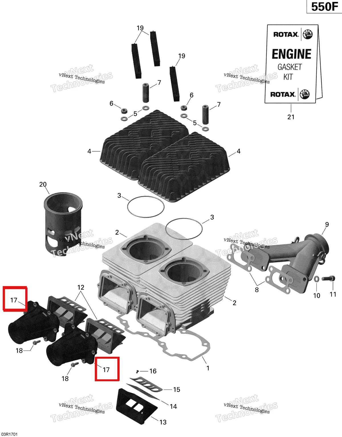 Деталь 420667600 (Патрубок карбюратора) на схеме узла 2020 Ski-Doo EXPEDITION SPORT 550F Engine - Cylinder, Exhaust Manifold And Reed Valve - 550F