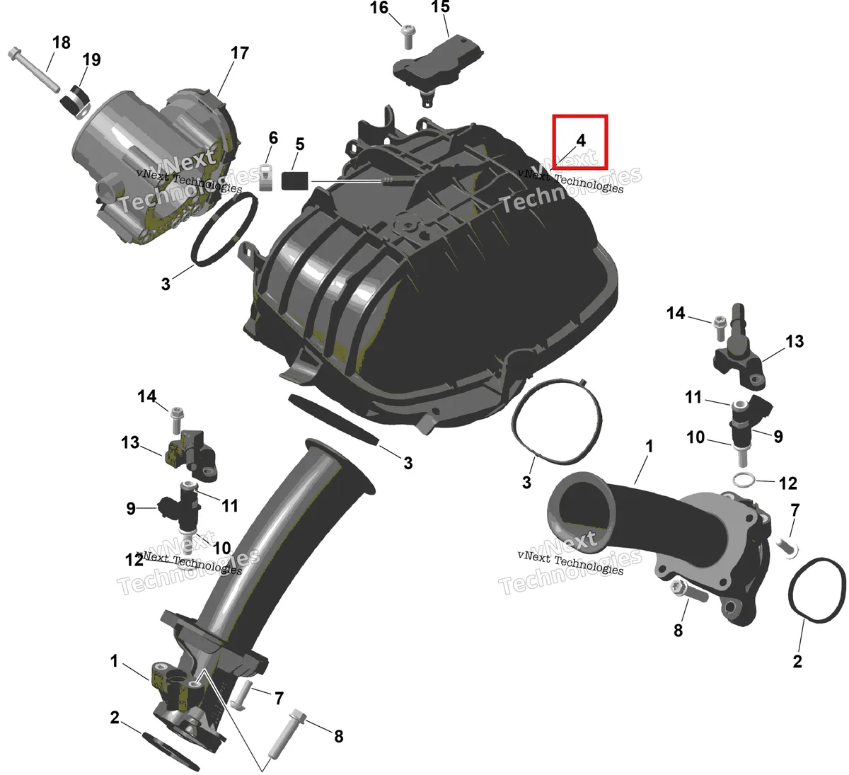 Деталь 420667838 (Коллектор воздушный Inlet Ill no 4 6 Can-Am Commander 1000R EFI XT (2026) (420667838)) на схеме узла 2026 Can-Am Commander - 1000R EFI - DPS - 6PTB - Compass Green - 60