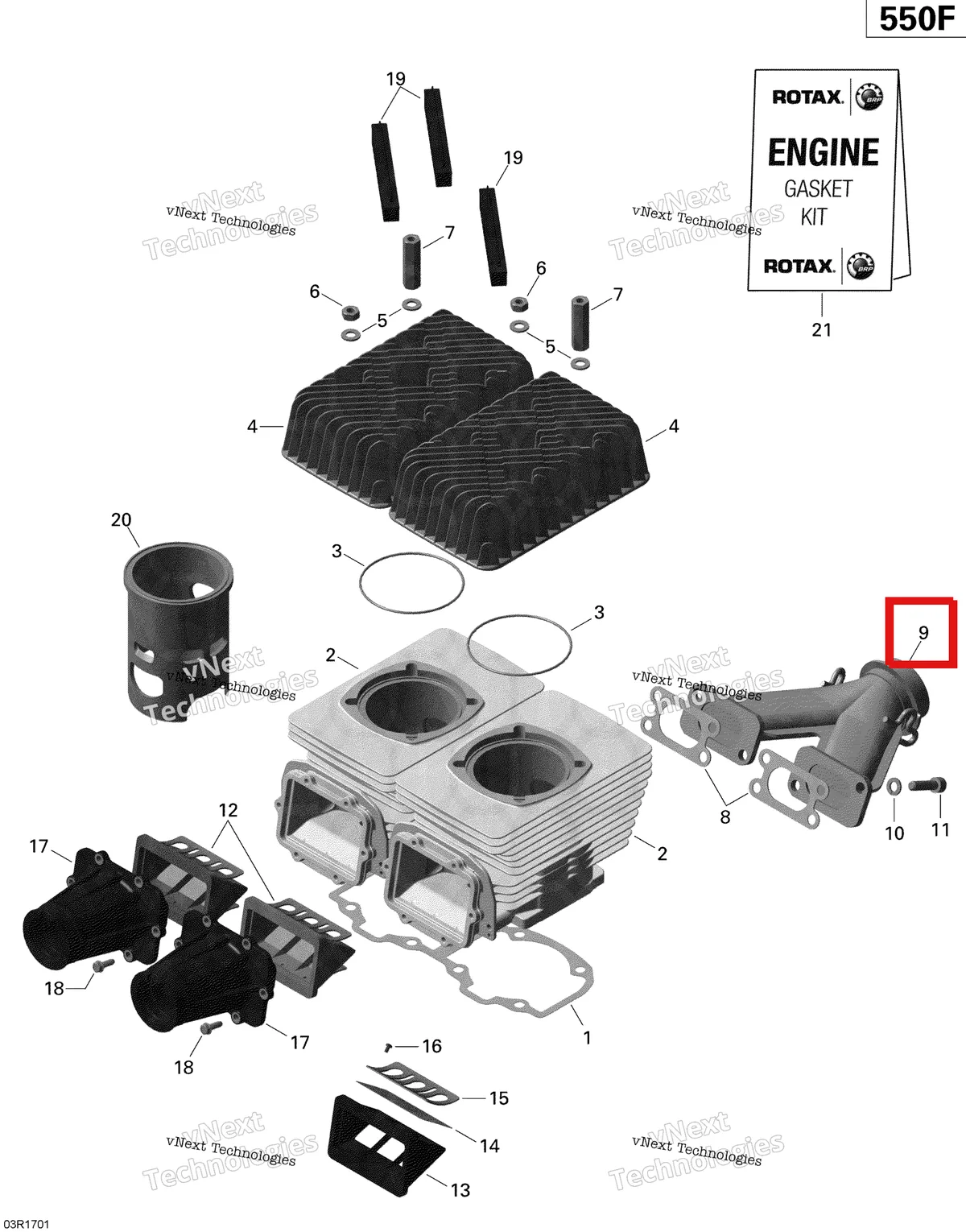 Деталь 420673065 (Деталь Exhaust Manifold. Includes 7 To 9) на схеме узла 2020 Ski-Doo EXPEDITION SPORT 550F Engine - Cylinder, Exhaust Manifold And Reed Valve - 550F