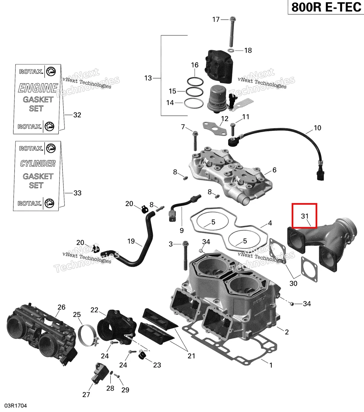 Деталь 420673373 (Деталь Exhaust Manifold. Model-800 E-tec) на схеме узла 2019 Ski-Doo EXPEDITION XTREME 800R E-TEC Cylinder And Injection System - 800R E-Tec