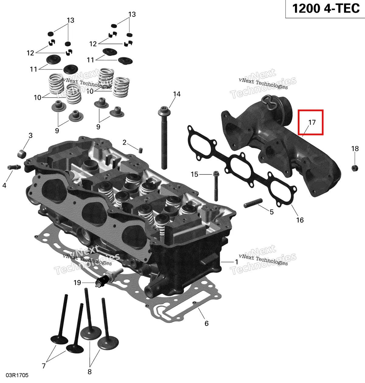 Деталь 420673392 (Деталь Exhaust Manifold) на схеме узла 2019 Ski-Doo EXPEDITION LE-SE 1200 4-TEC Cylinder Head And Exhaust Manifold - 1200 Itc 4-Tec