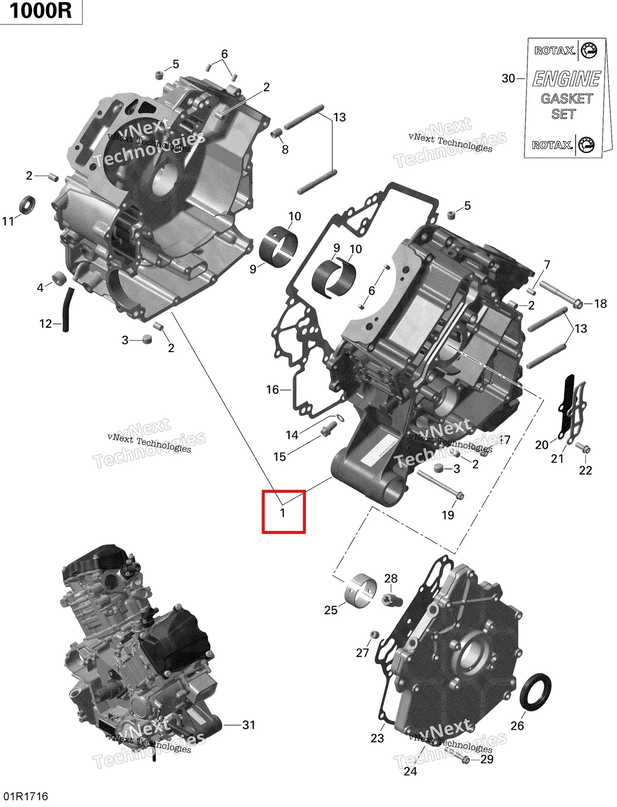 Деталь 420685257 (Картер двигателя в сборе включает 1 to 12 Can-Am Commander 1000R EFI (2018) (420685257)) на схеме узла 2020 Can-Am Commander 1000R EFI Crankcase - 1000R