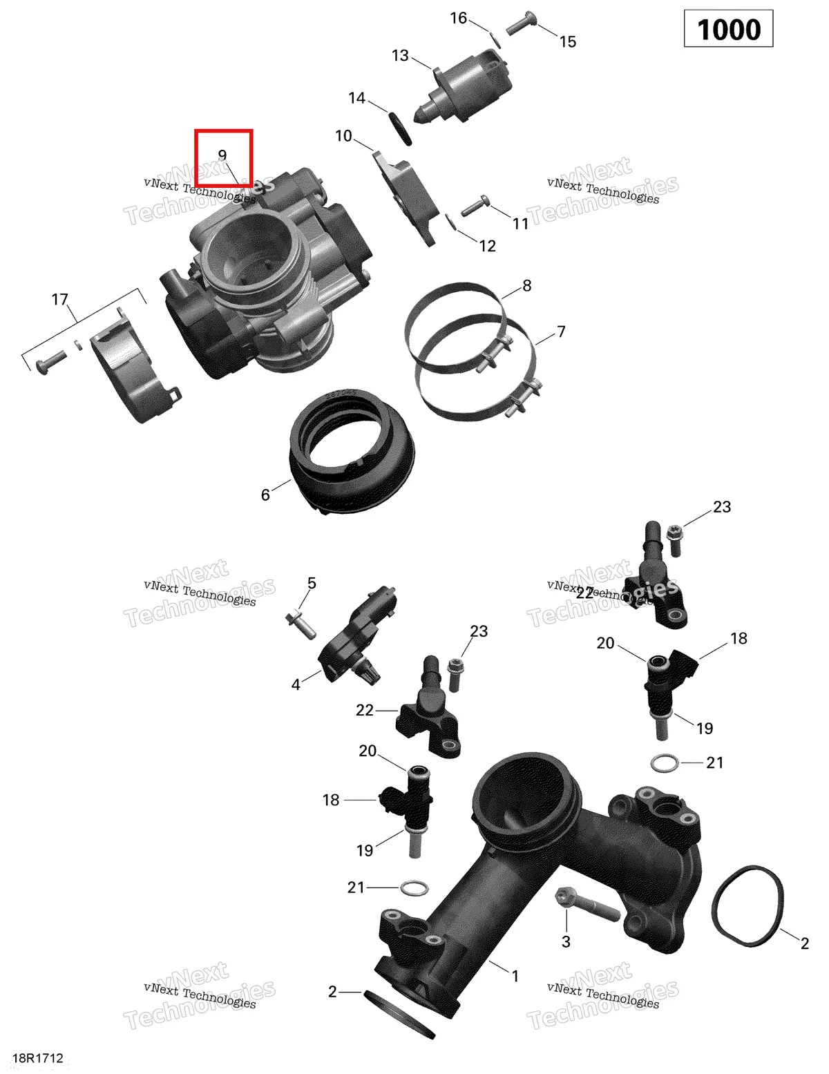 Деталь 420685322 (Дроссельный узел в сборе включает 8 to 16 Can-Am Outlander MAX 800R EFI DPS XT XT-P (2014) (420685322)) на схеме узла 2018 Can-Am OUTLANDER 6X6 - 1000 EFI Air Intake Manifold And Throttle Body - 1000 Efi