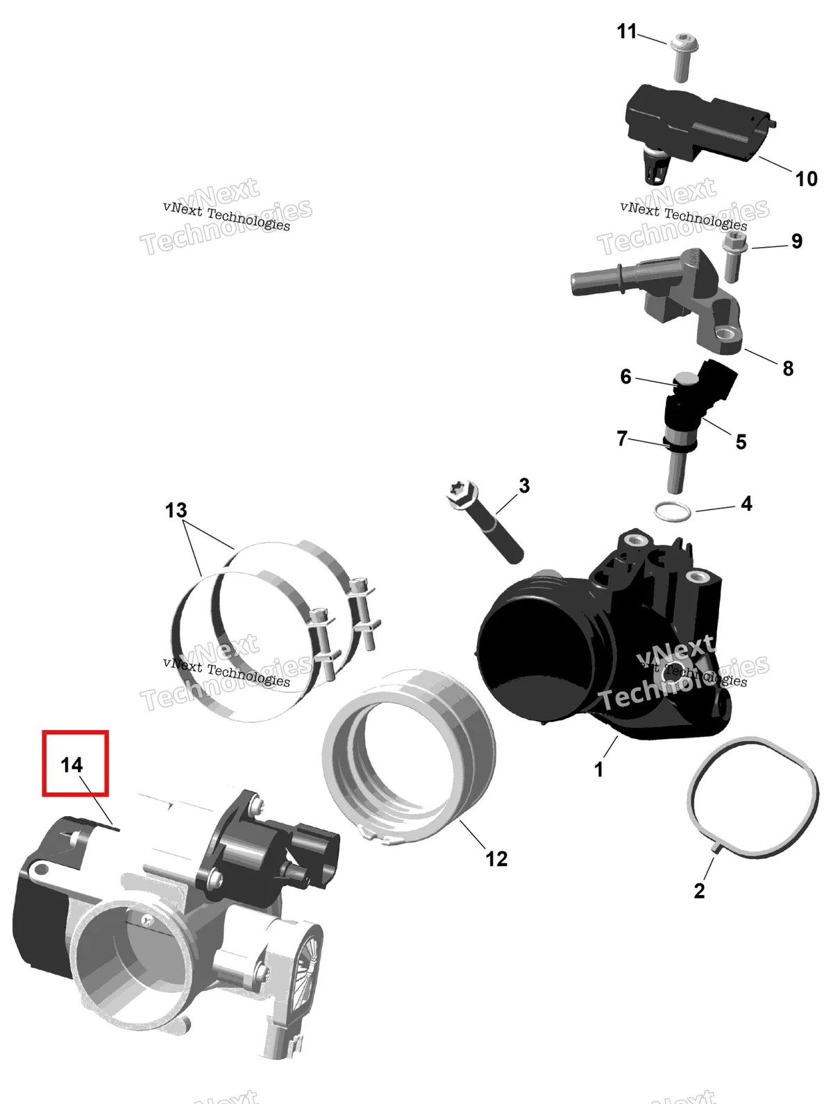 Деталь 420685381 (Дроссельный узел в сборе Can-Am Outlander 4x4 DPS 700 (2025) (420685381)) на схеме узла 2026 Can-Am OUTLANDER - 2X4 - STD - 500 - 1KTB - Legion Red Rotax - Air Intake Manifold And Throttle Body