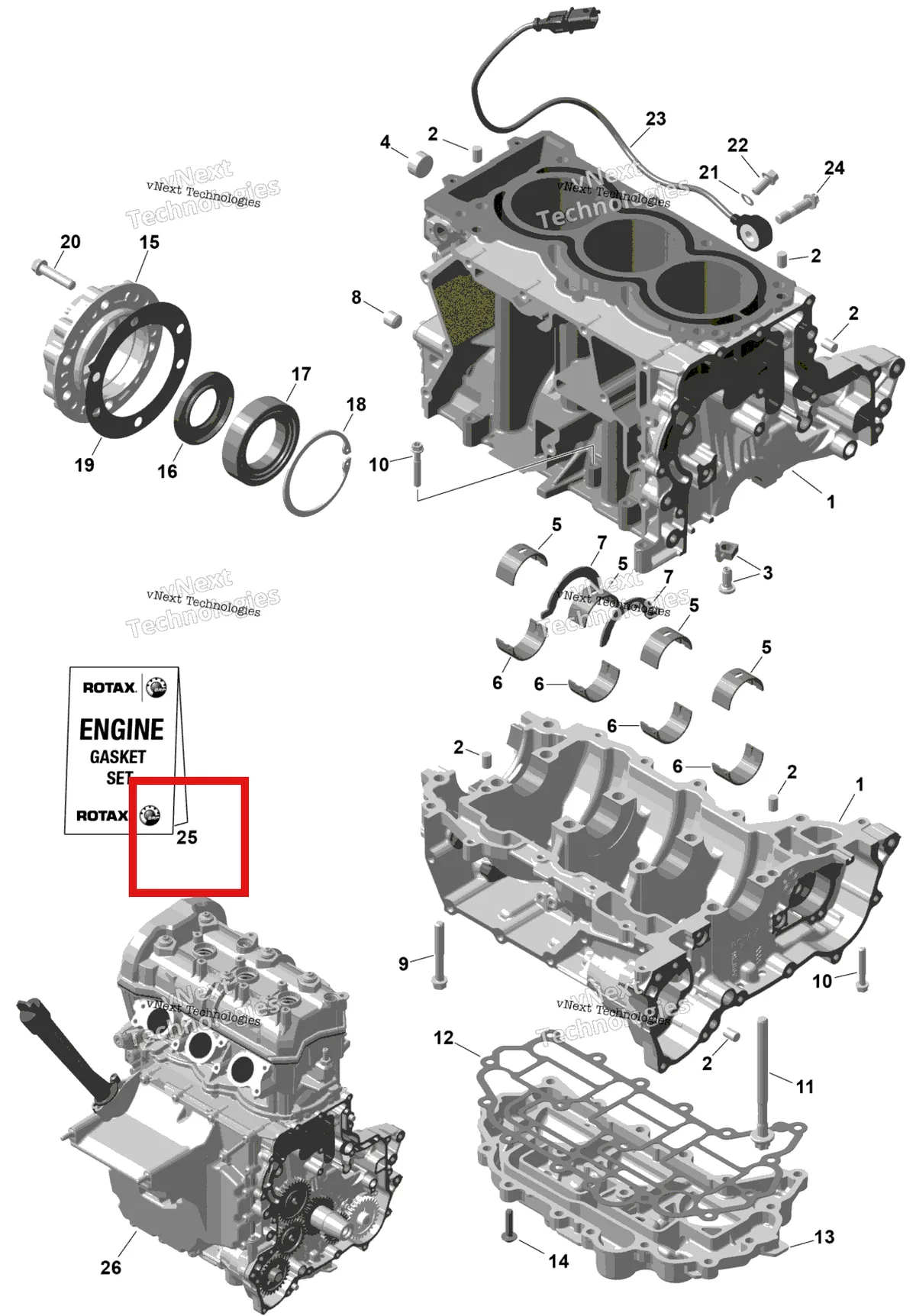 Деталь 420686237 на схеме узла 2025 Ski-Doo RENEGADE - 900 ACE TURBO R - X-RS - DASC - Neo Yellow - 137X15X1.25IR Track Rotax - Crankcase