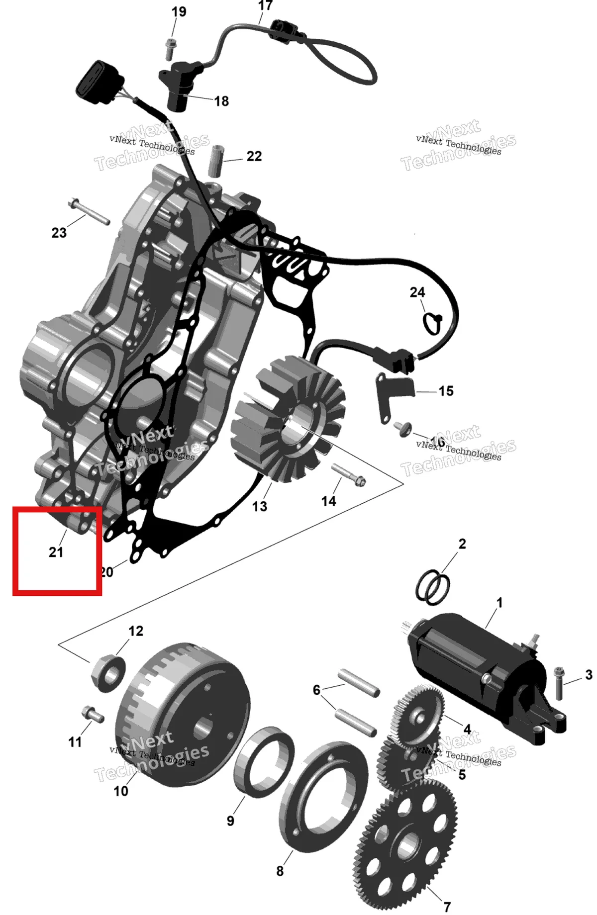 Деталь 420686851 (Ignition крышка в сборе включает no 21 22 Waterpumpshaft seals included Can-Am Outlander 4x4 DPS 700 (2025) (420686851)) на схеме узла 2026 Can-Am OUTLANDER - 4X4 - STD - 700 - 1CTB - CALI - Granite Grey Rotax - Magneto And Electric Starter