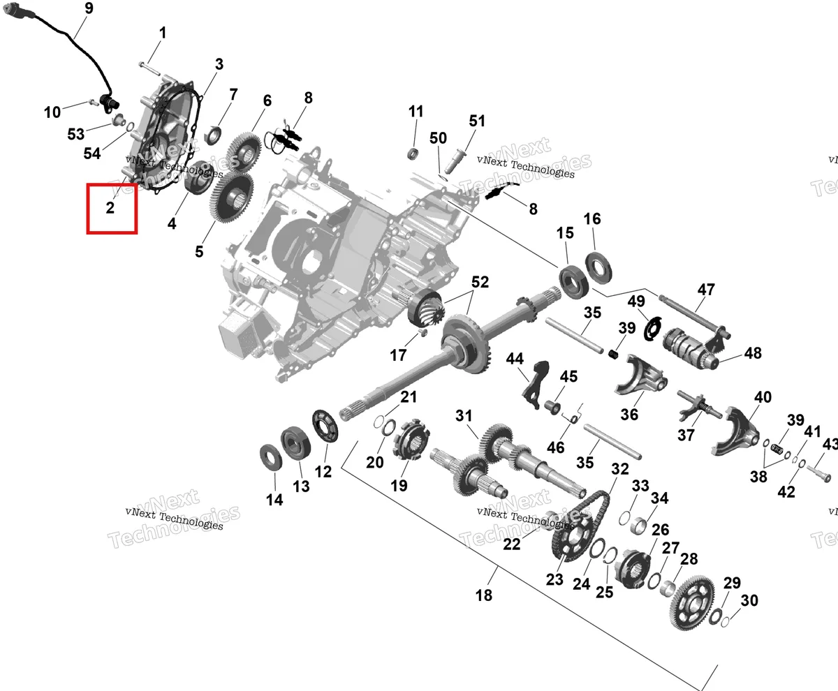 Деталь 420686891 (Коробка передач крышка Can-Am Outlander 4x4 XT 1000R (2025) (420686891)) на схеме узла 2026 Can-Am OUTLANDER - 4X4 - BACKCOUNTRY - 1000R - 4NTA - CALI - Dark Camo Rotax - Gearbox
