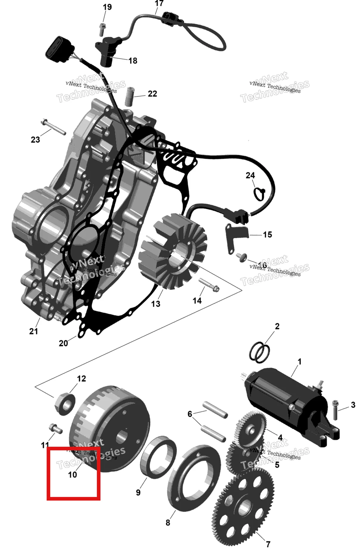 Деталь 420686895 (Магнето маховик в сборе Can-Am Outlander 4x4 STD 500 (2025) (420686895)) на схеме узла 2026 Can-Am OUTLANDER - 4X4 - STD - 700 - 1CTB - CALI - Granite Grey Rotax - Magneto And Electric Starter