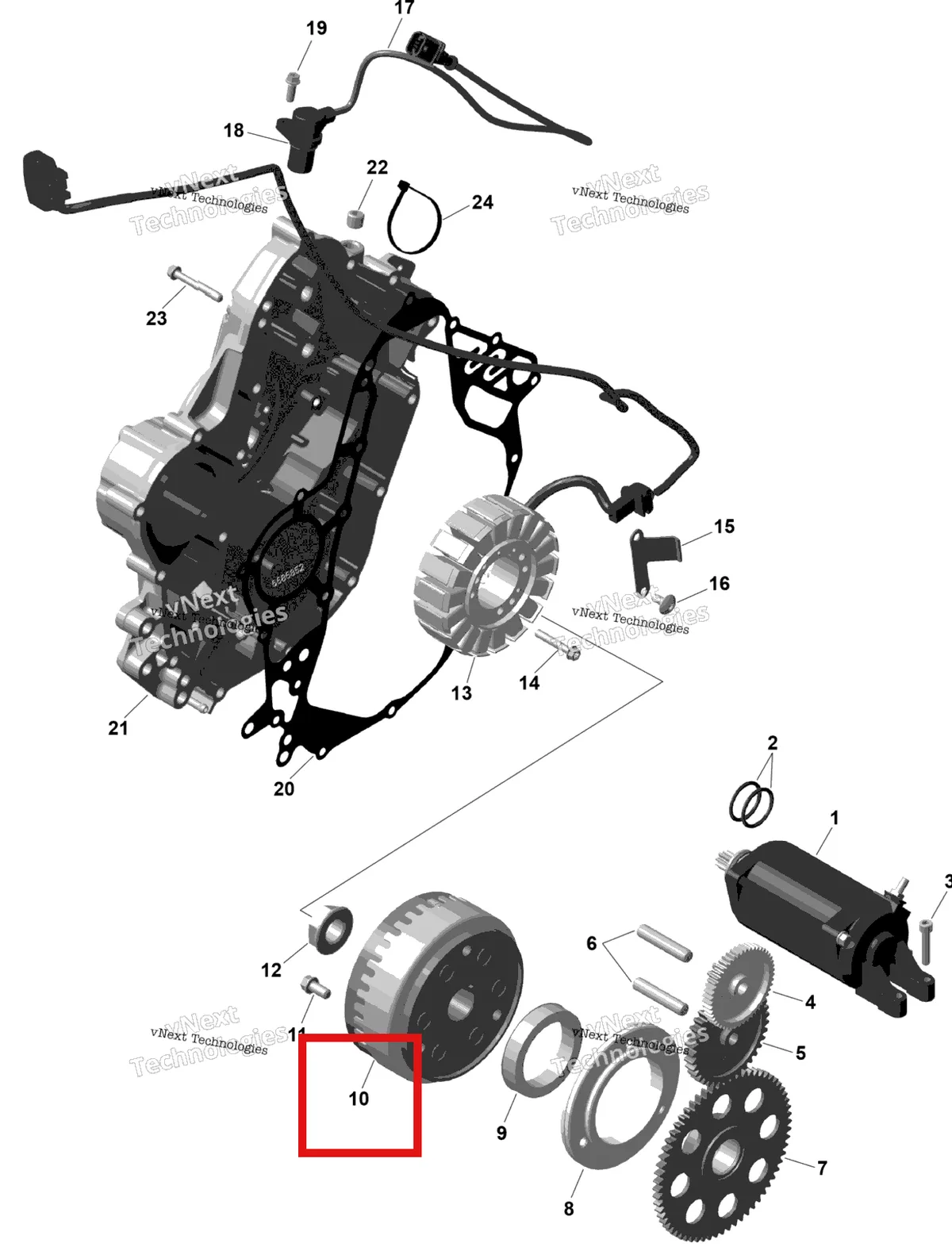 Деталь 420686897 (Маховик в сборе Can-Am Outlander 4x4 XT 1000R (2025) (420686897)) на схеме узла 2026 Can-Am OUTLANDER - 4X4 - XT - 1000R - 4FTB - CALI - Platinum Silver Satin Rotax - Magneto And Electric Starter
