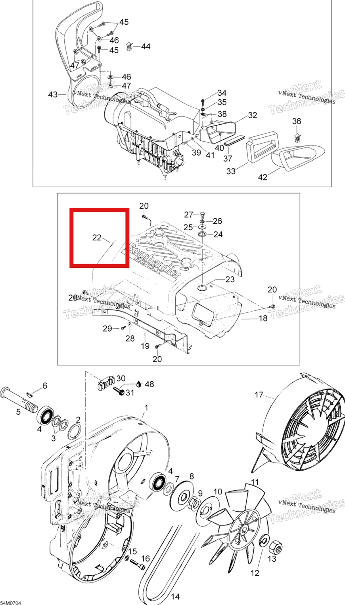 Деталь 420810776 (Деталь Upper Case) на схеме узла 2007 Ski-Doo Skandic LT 440F Fan