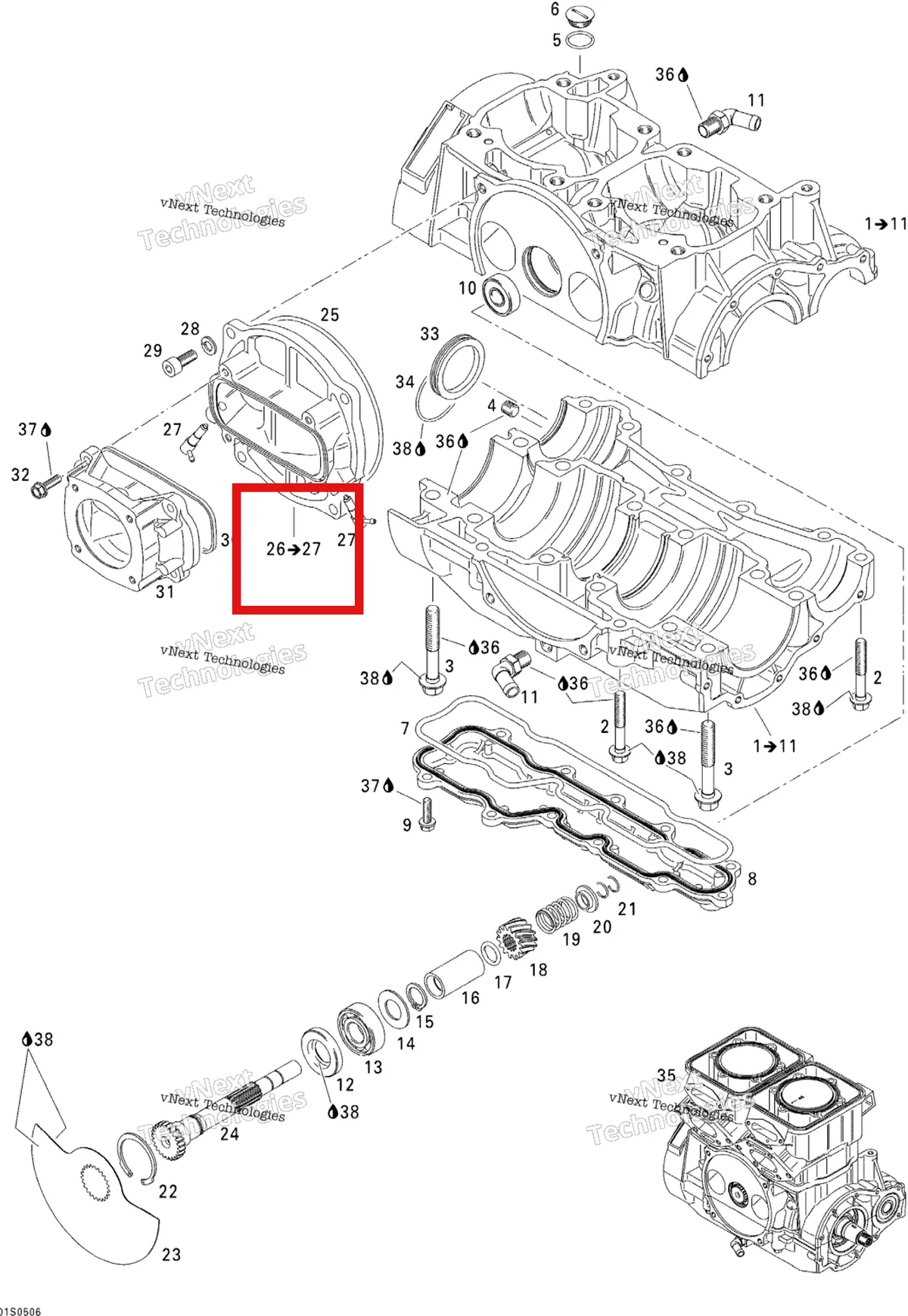 Деталь 420811037 на схеме узла 2005 Sea-Doo 3D RFI Crankcase And Rotary Valve