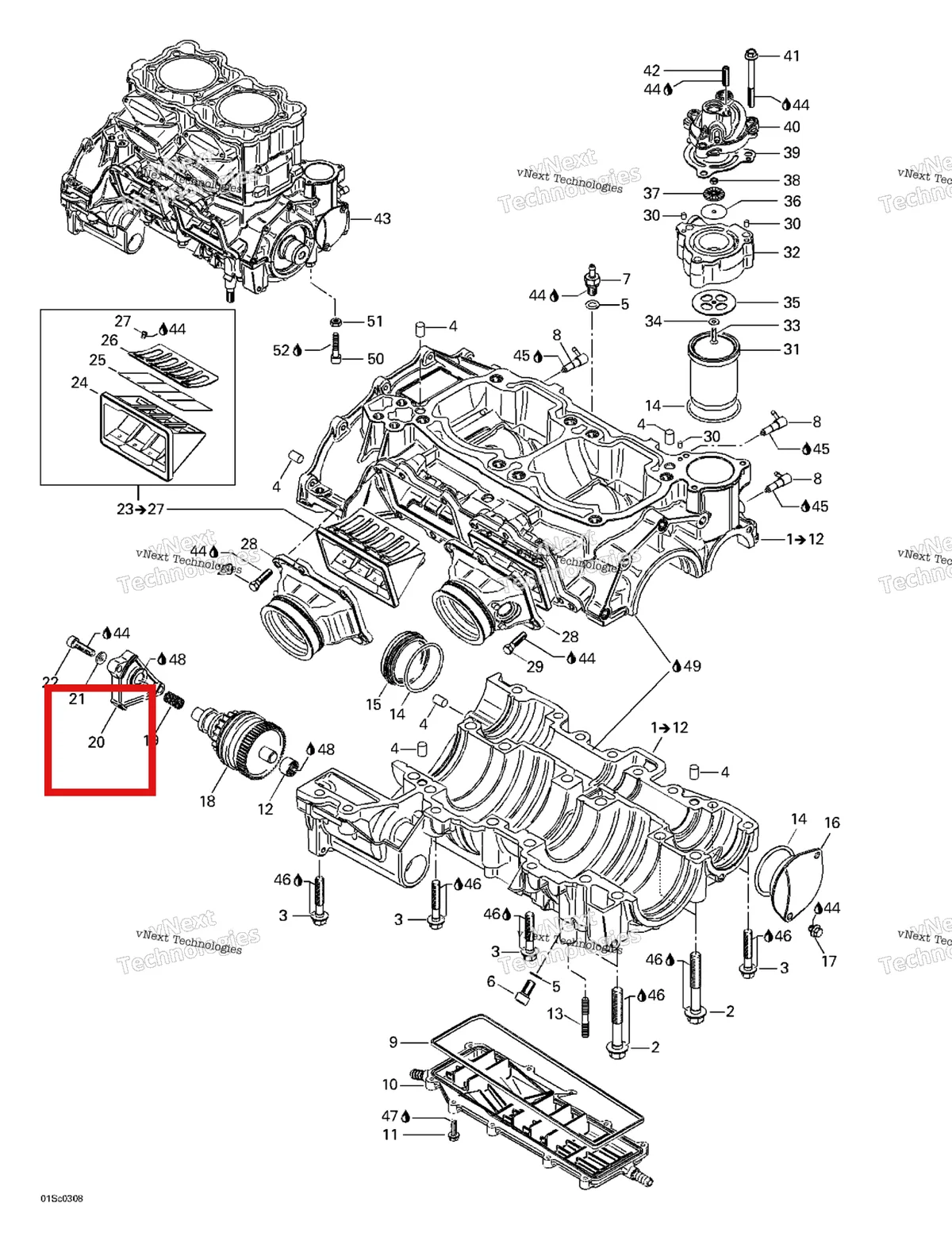Деталь 420811210 на схеме узла 2003 Sea-Doo RX DI, 6122/6123 Crankcase, Reed Valve