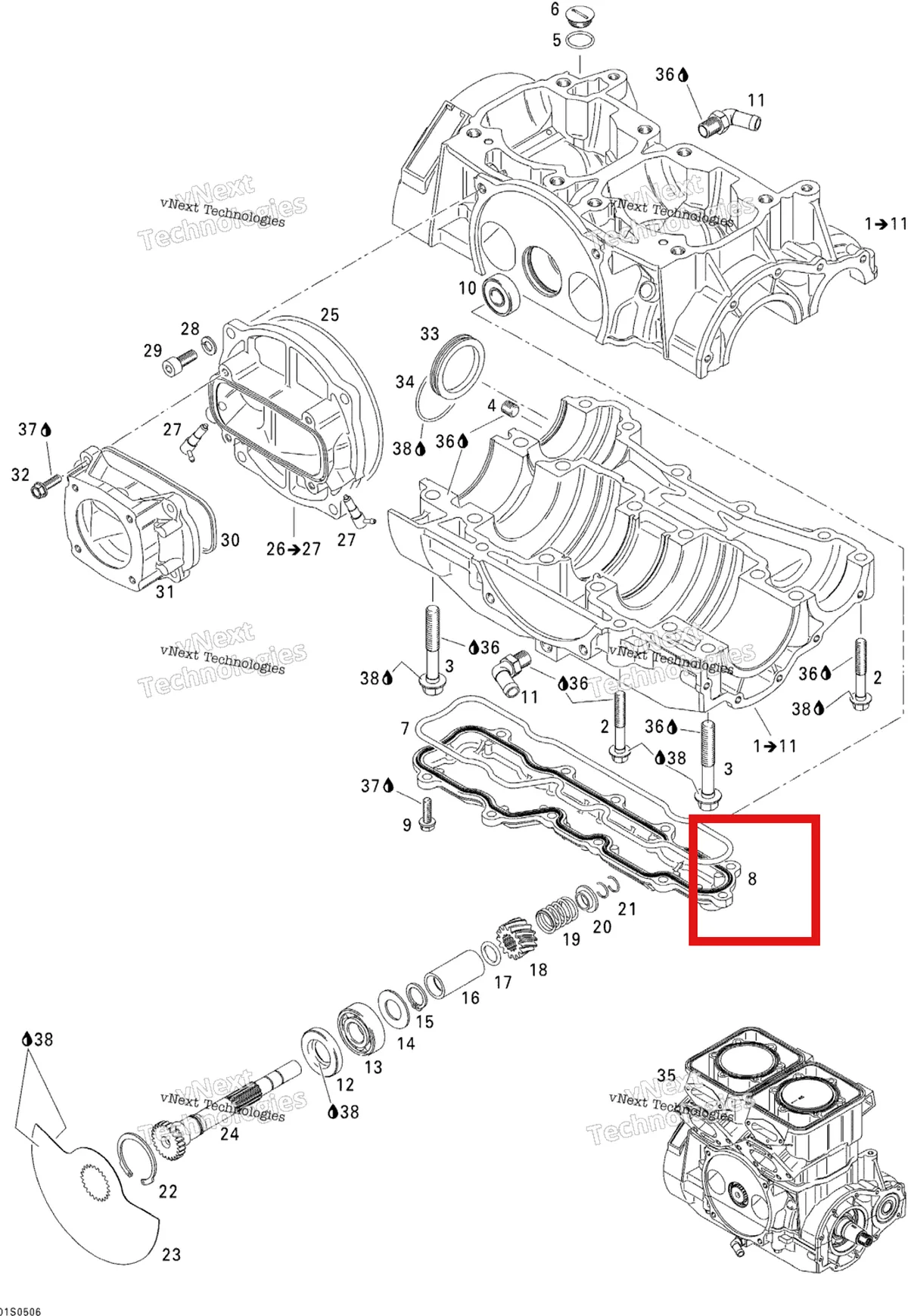 Деталь 420811237 на схеме узла 2005 Sea-Doo 3D RFI Crankcase And Rotary Valve