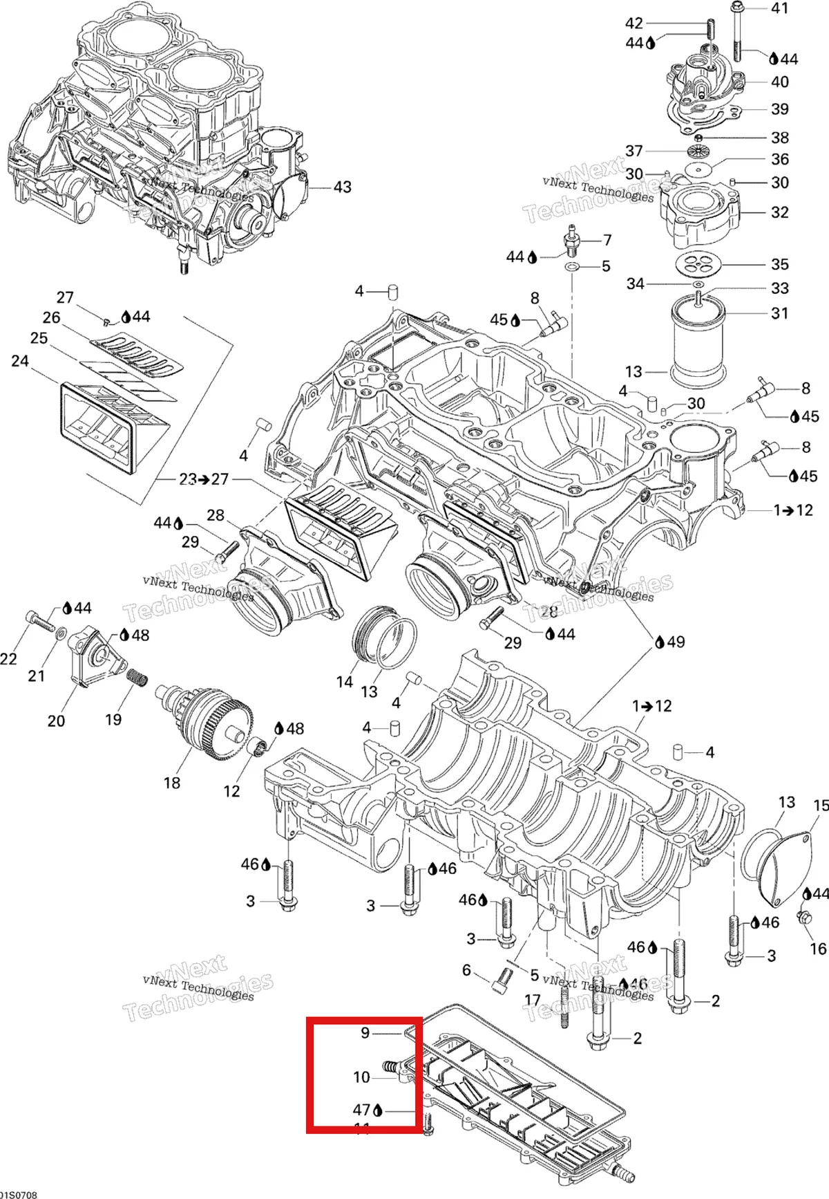 Деталь 420811430 на схеме узла 2007 Sea-Doo 3D 947 DI Crankcase And Reed Valve