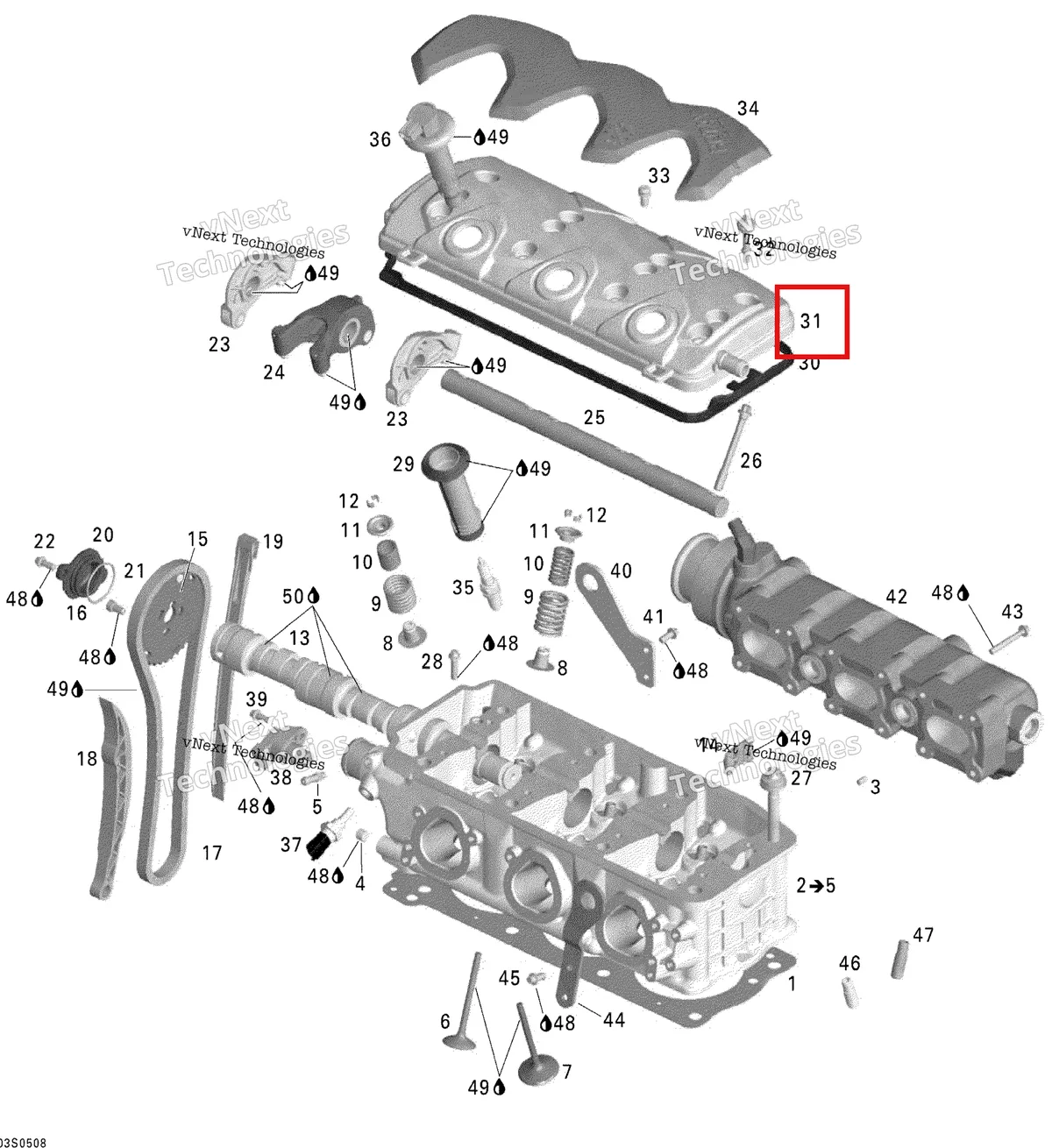Деталь 420811581 на схеме узла 2005 Sea-Doo GTX 4-TEC, LTD SCIC Cylinder Head