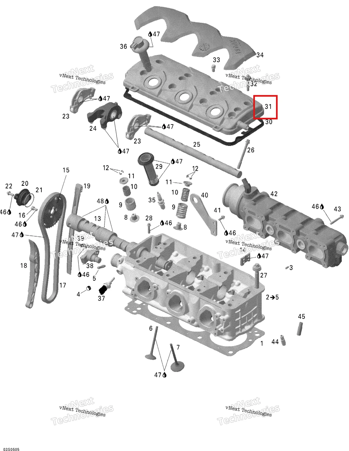 Деталь 420811582 на схеме узла 2005 Sea-Doo GTX 4-TEC, STD Cylinder Head