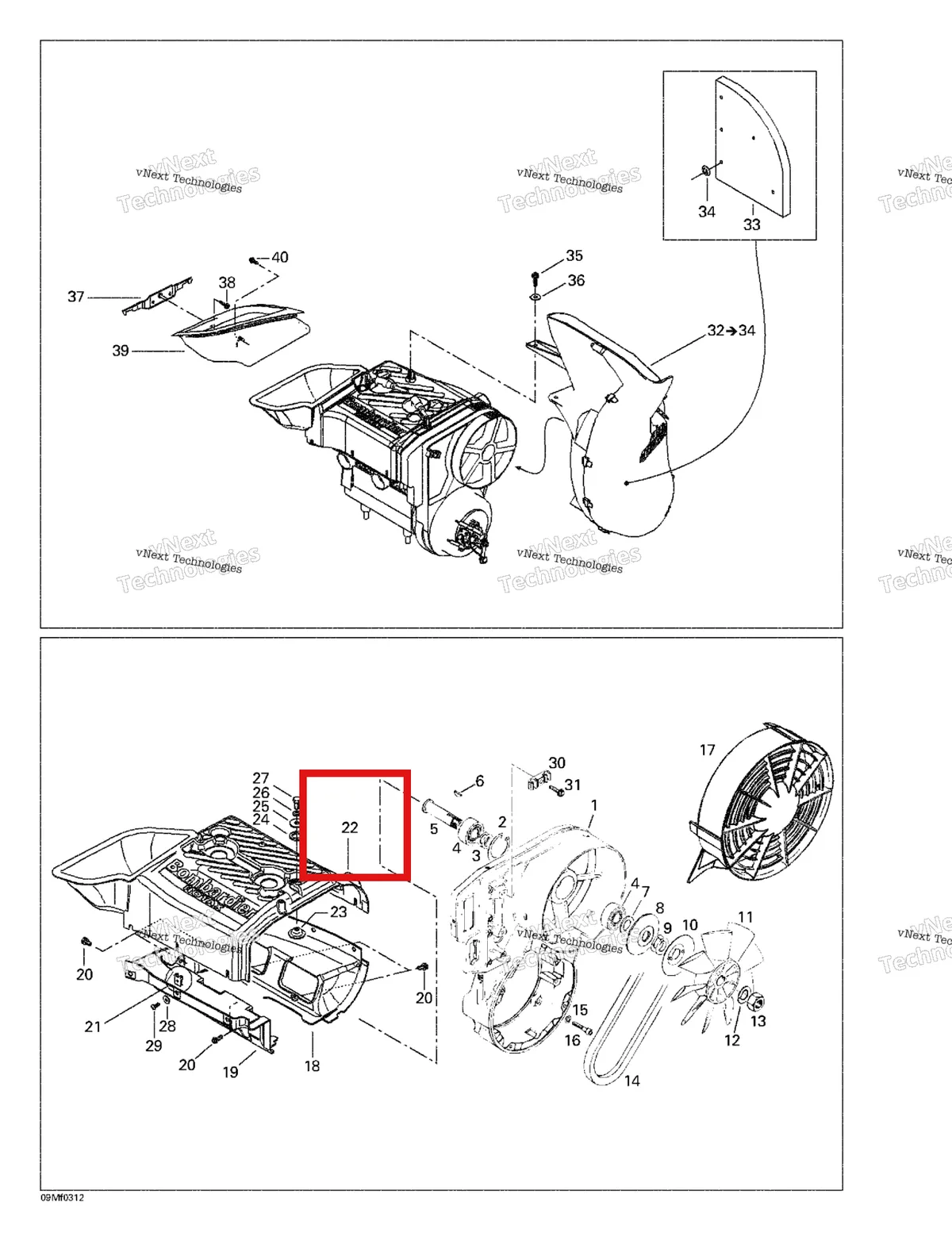 Деталь 420811820 (Деталь Upper Case. Enduro 550_enduro 550 R.c.) на схеме узла 2003 Ski-Doo Skandic 500F Cooling System And Fan
