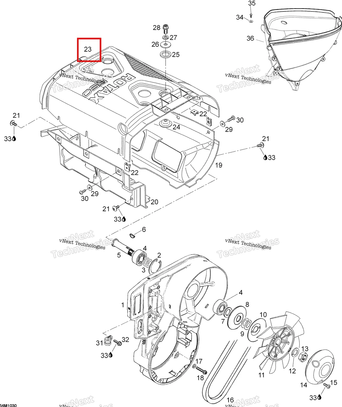 Деталь 420812596 (Деталь Upper Case) на схеме узла 2011 Ski-Doo Skandic WT 550F YetiII Fan