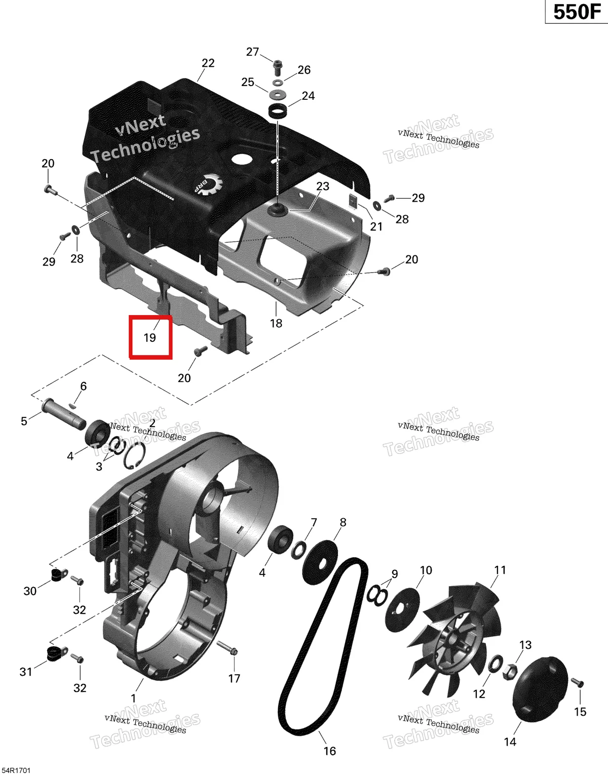 Деталь 420812605 (Нижняя обшивка) на схеме узла 2020 Ski-Doo EXPEDITION SPORT 550F Engine - Fan And Cylinder Cowls - 550F
