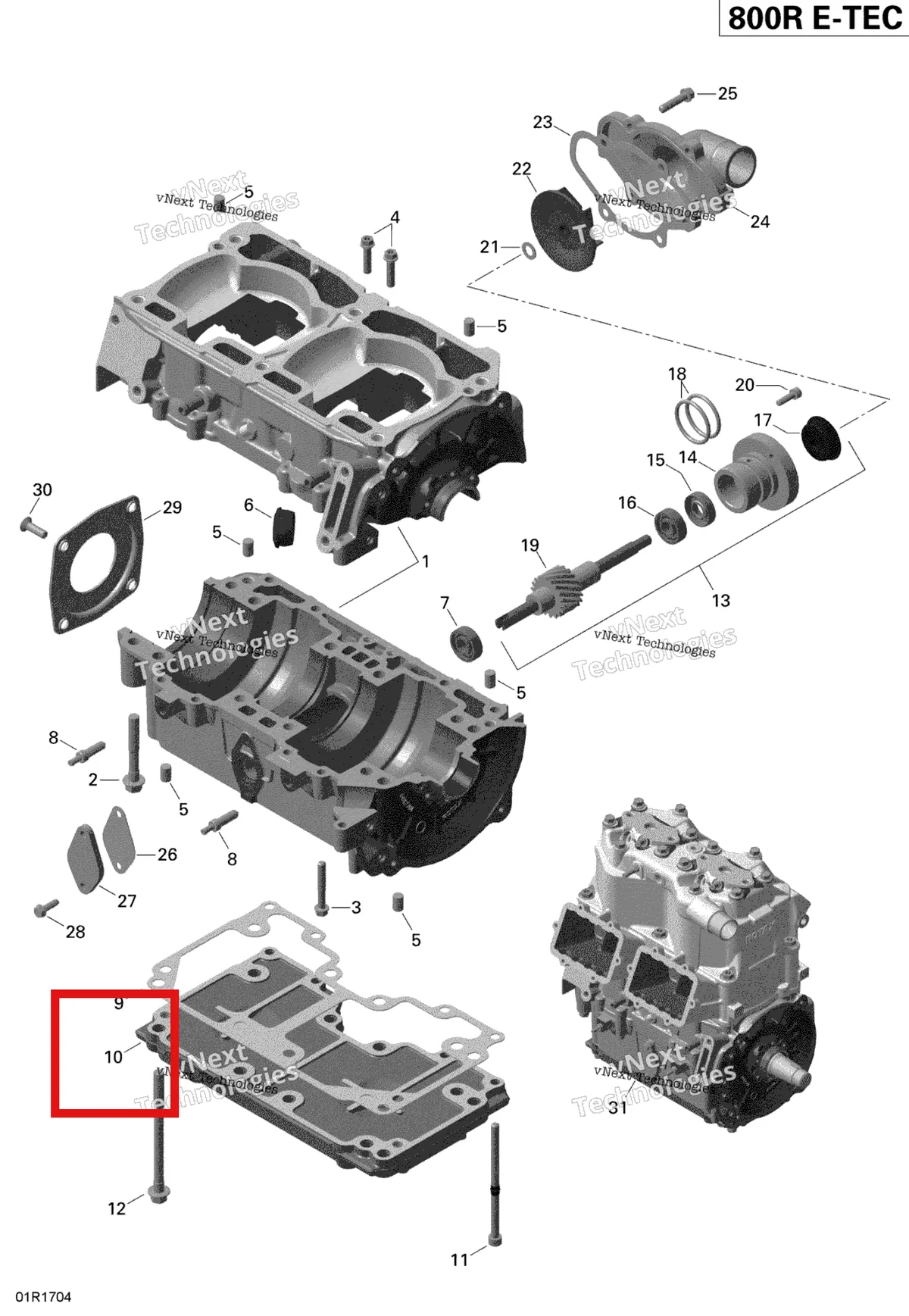 Деталь 420812683 (Опорная Пластина) на схеме узла 2019 Ski-Doo EXPEDITION XTREME 800R E-TEC Crankcase And Water Pump - 800R E-Tec