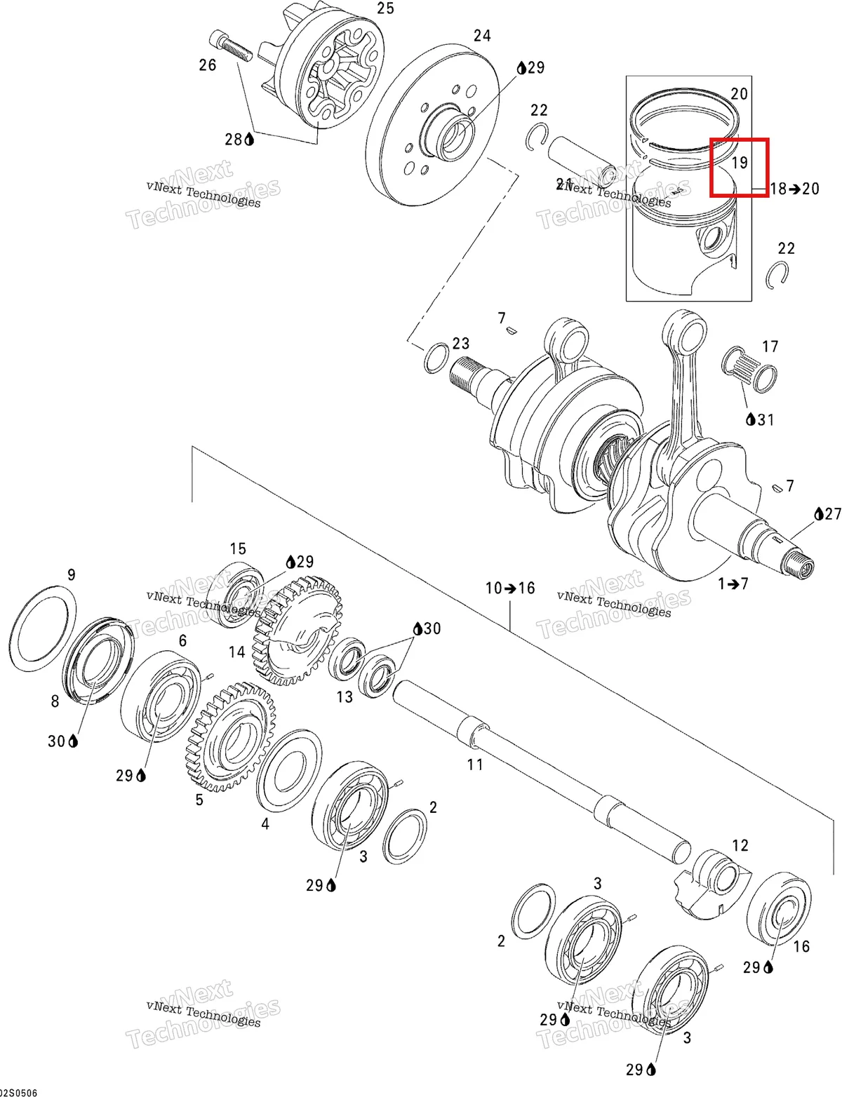 Деталь 420815081 на схеме узла 2005 Sea-Doo 3D RFI Crankshaft, Pistons And Balance Shaft