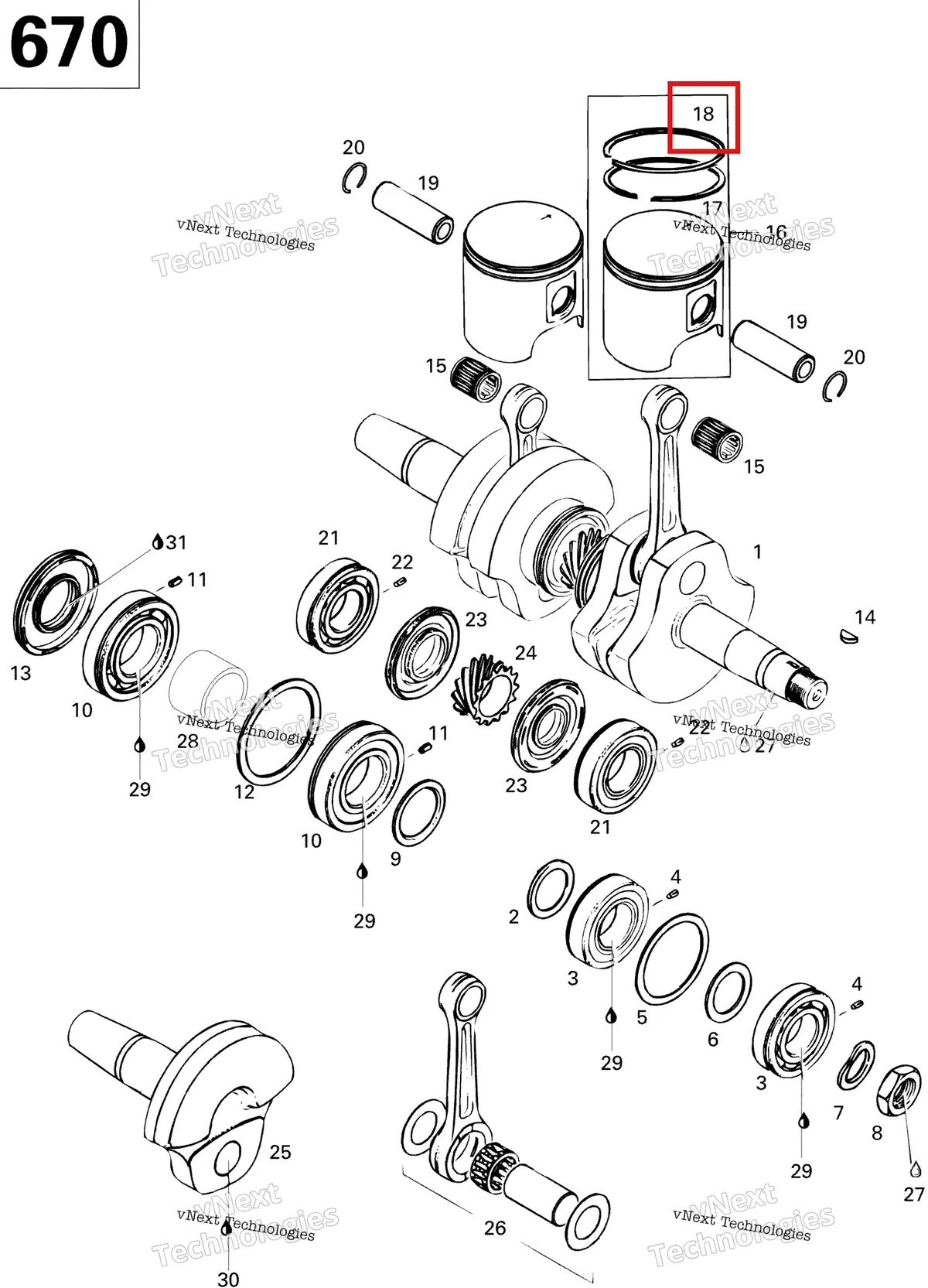 Деталь 420815091 (Деталь Semi-trap. Ring 78.25mm) на схеме узла 1996 Ski-Doo Mach 1 Crankshaft And Pistons 670