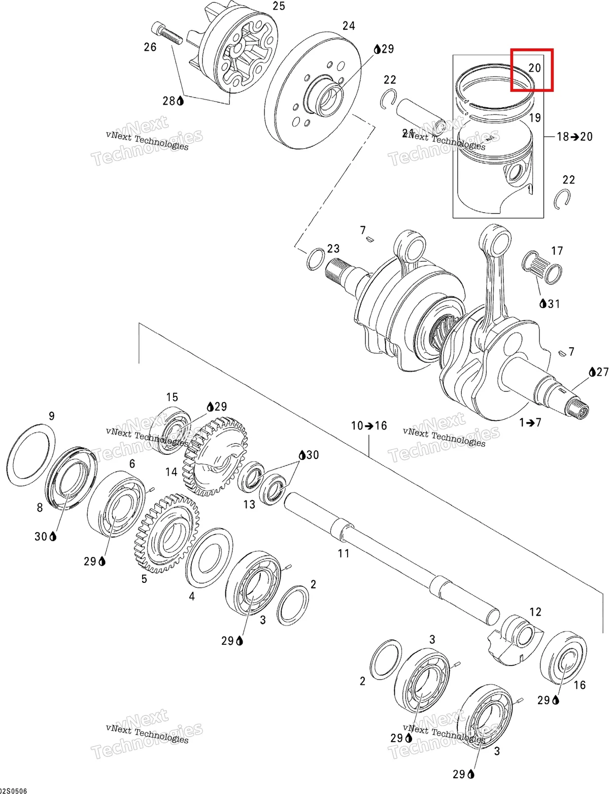 Деталь 420815101 на схеме узла 2005 Sea-Doo 3D RFI Crankshaft, Pistons And Balance Shaft