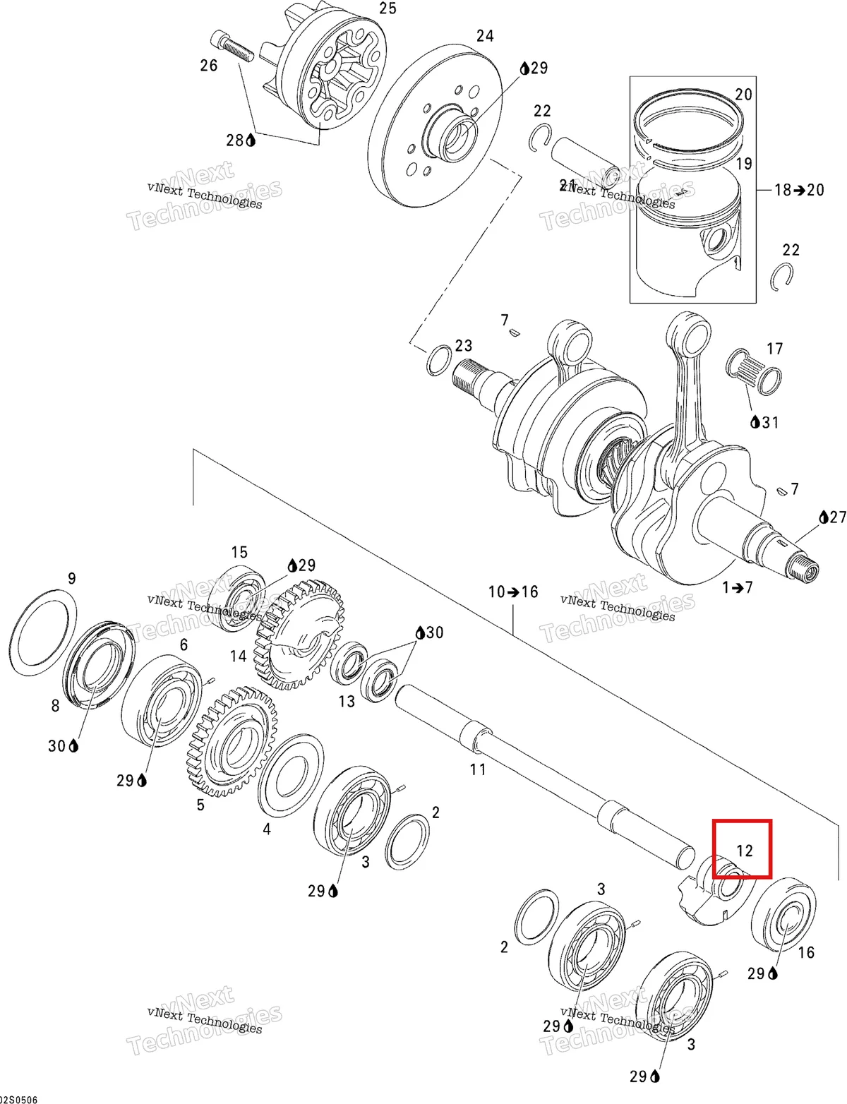 Деталь 420818800 на схеме узла 2005 Sea-Doo 3D RFI Crankshaft, Pistons And Balance Shaft