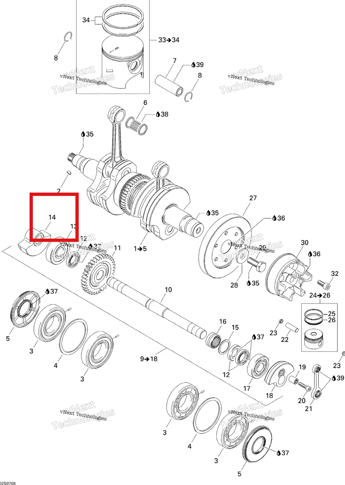 Деталь 420818950 на схеме узла 2007 Sea-Doo 3D 947 DI Crankshaft And Pistons