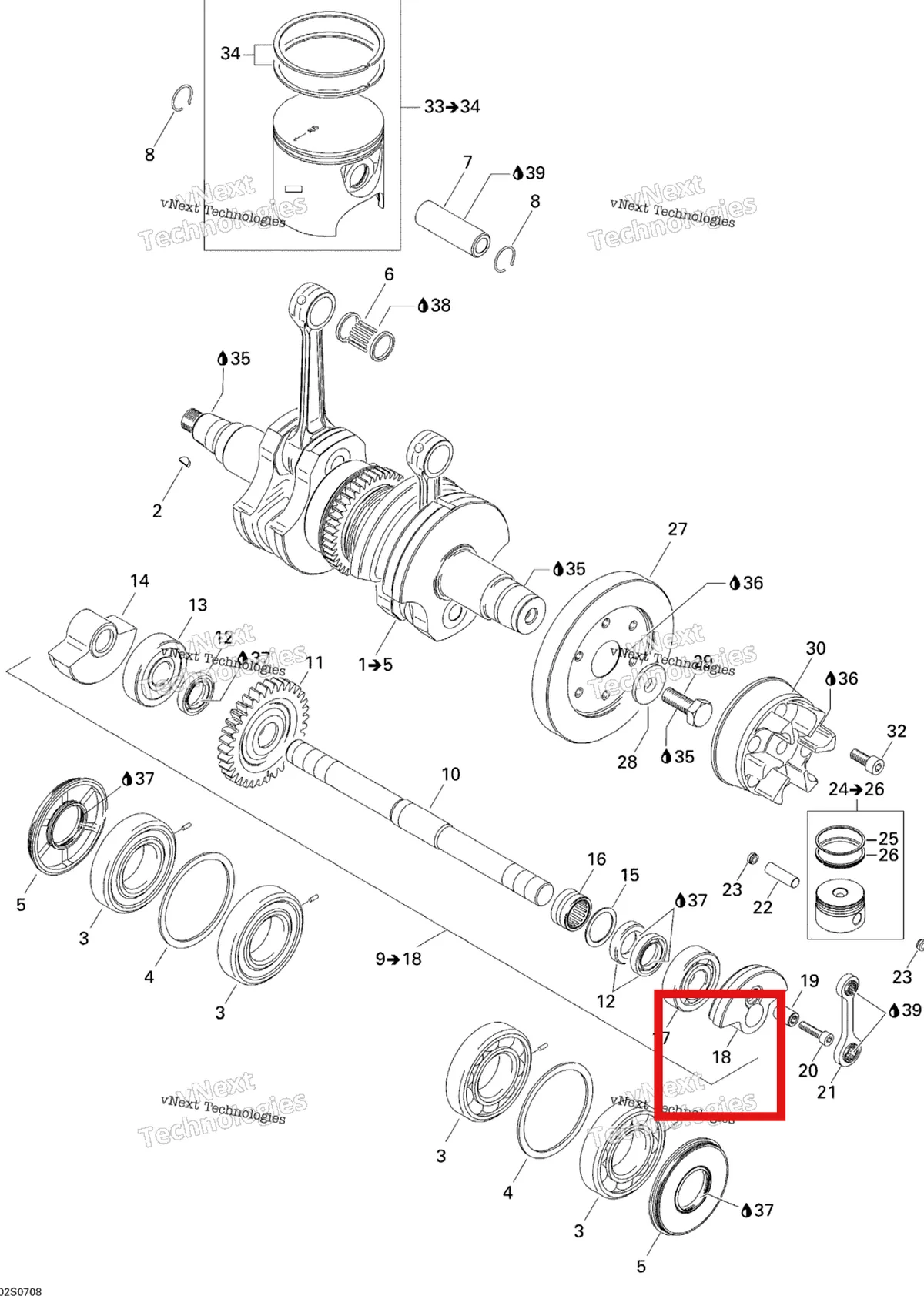 Деталь 420818955 на схеме узла 2007 Sea-Doo 3D 947 DI Crankshaft And Pistons