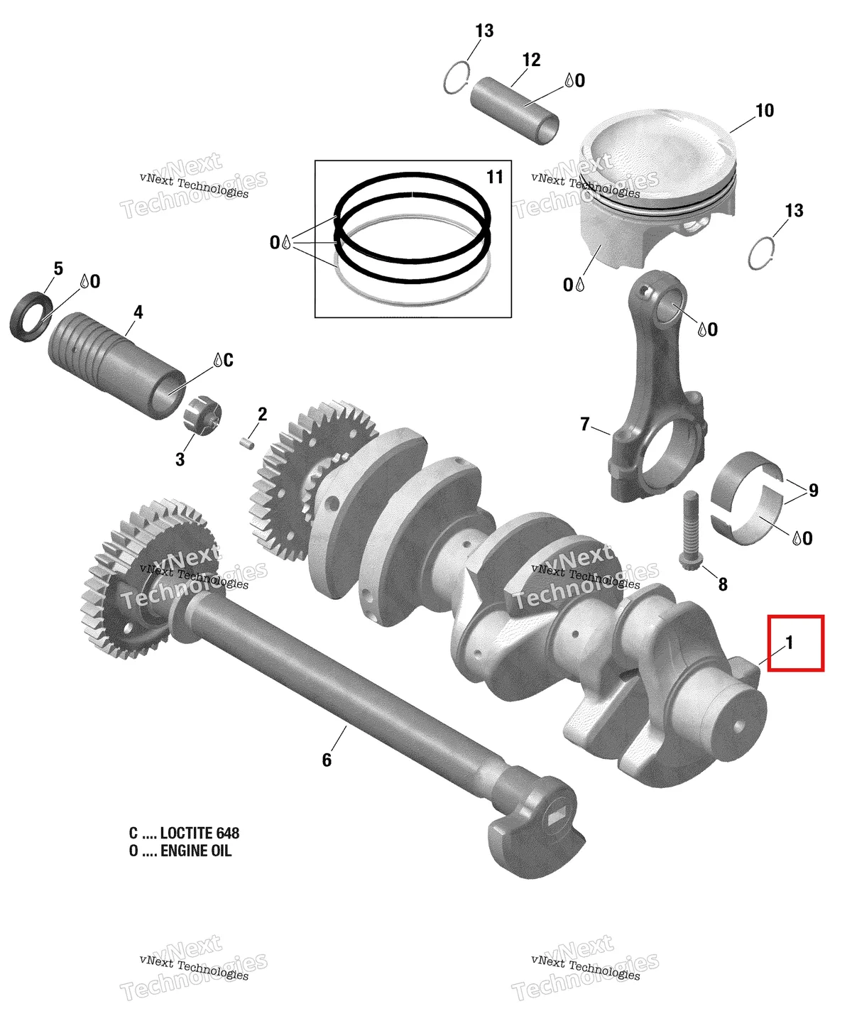 Деталь 420819495 (Коленвал в сборе Sea-Doo RXP (2016) (420819495)) на схеме узла 2019 Sea-Doo GTX 300 Crankshaft, Pistons And Balance Shaft