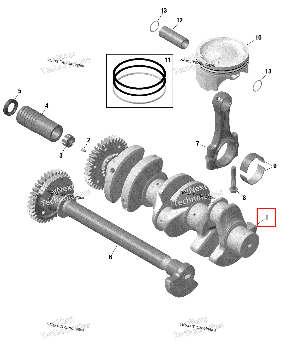 Деталь 420819497 (Коленвал включает 1 to 2 Sea-Doo GTX 300 (2020) (420819497)) на схеме узла 2020 Sea-Doo GTI 130 Engine - Crankshaft And Pistons