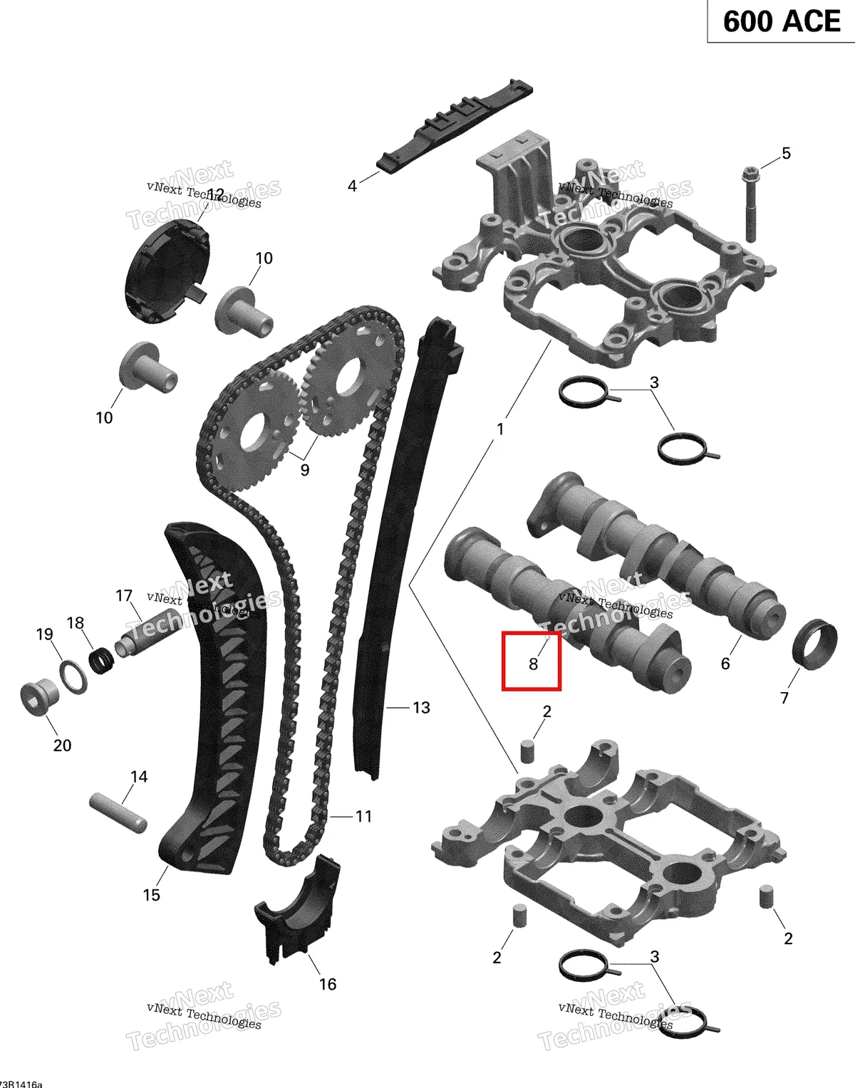 Деталь 420820101 (Распредвал,впускной) на схеме узла 2014 Ski-Doo EXPEDITION SPORT 600ACE XP Valve Train