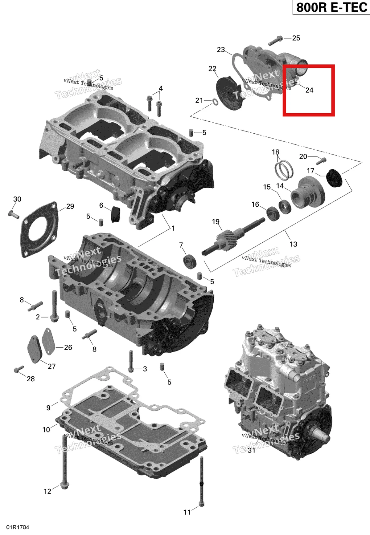 Деталь 420822280 (Корпус водяной помпы) на схеме узла 2019 Ski-Doo EXPEDITION XTREME 800R E-TEC Crankcase And Water Pump - 800R E-Tec