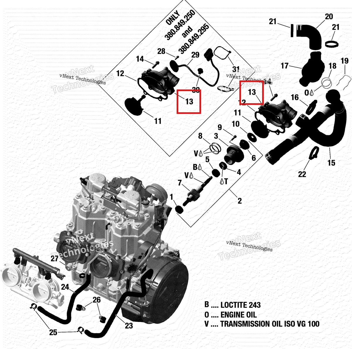 Деталь 420822285 на схеме узла 2018 Ski-Doo FREERIDE 850 E-TEC Engine Cooling