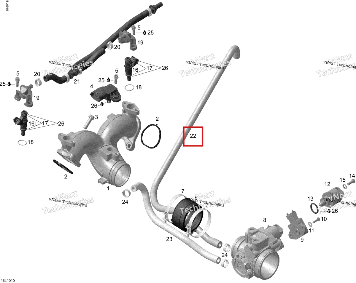 Деталь 420822359 (Шланг) на схеме узла 2010 Ski-Doo Skandic SWT V800 Air Inlet Manifold And Throttle Body