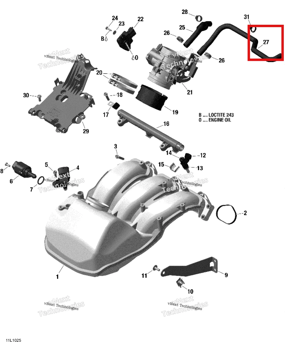 Деталь 420822660 (Шланг) на схеме узла 2010 Ski-Doo Expedition TUV SE 1200 REV-XU Air Inlet Manifold And Throttle Body
