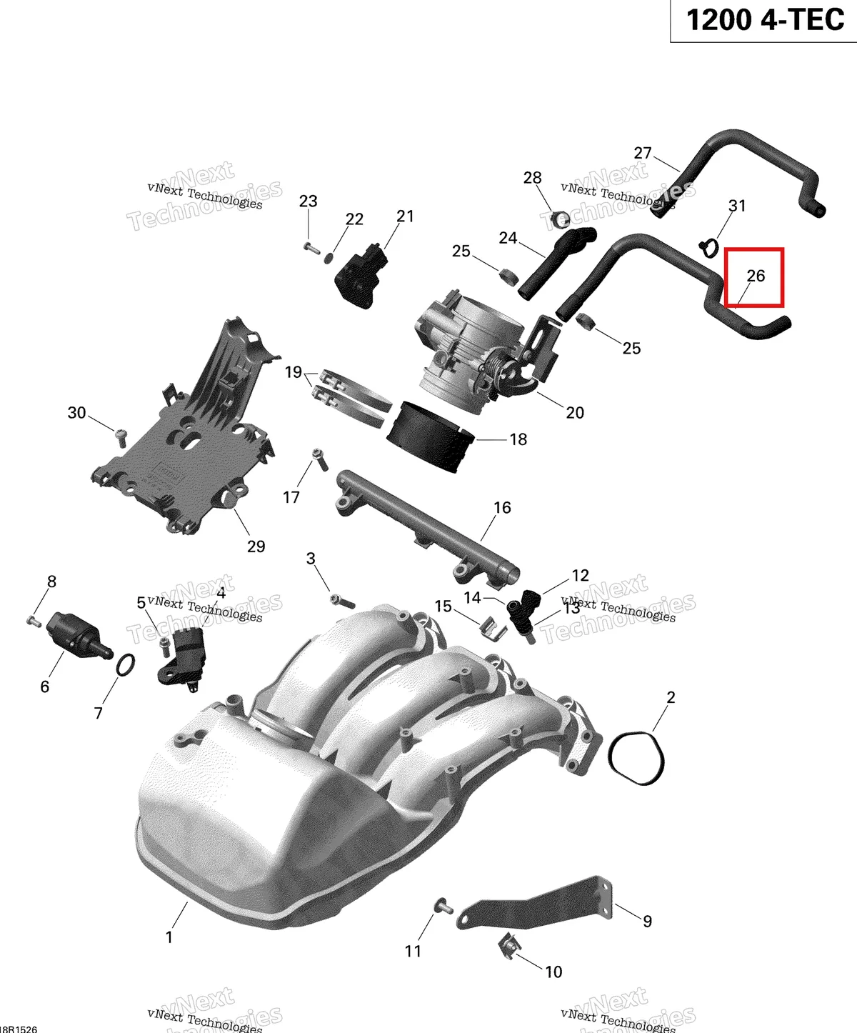 Деталь 420822661 на схеме узла 2015 Ski-Doo GSX LE 1200 XR137 Air Intake Manifold And Throttle Body Gsx Le