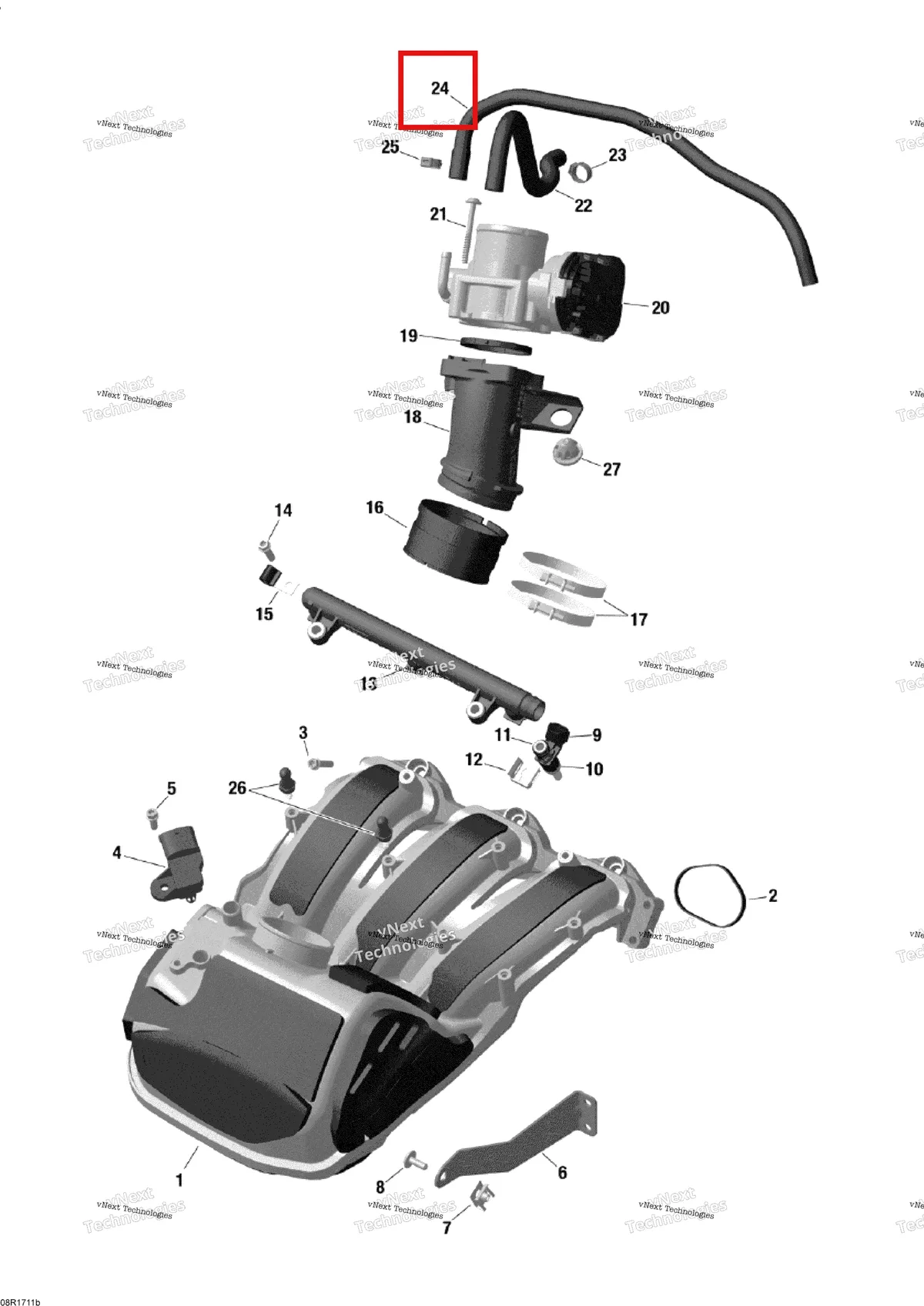 Деталь 420822666 (Шланг) на схеме узла 2017 Ski-Doo EXPEDITION - 4-STROKE - LE-SE Air Intake Manifold And Throttle Body - 1200 4-Tec