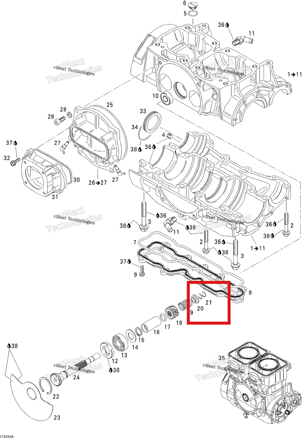 Деталь 420827430 (Деталь Spring Holding Cup) на схеме узла 2005 Sea-Doo 3D RFI Crankcase And Rotary Valve