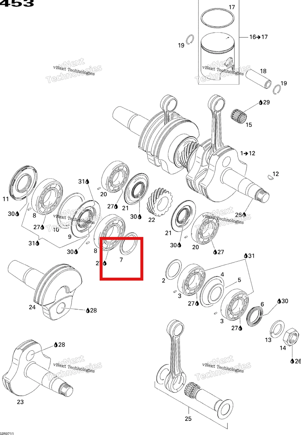 Деталь 420827760 (Деталь Spacer Ring 2,0 Mm) на схеме узла 2007 Ski-Doo MX Z 440X Racing Crankshaft And Pistons